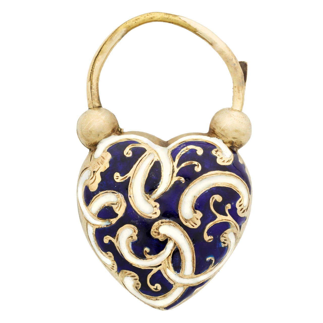 Early Victorian Blue and White Enamel Gold Heart Padlock with Locket