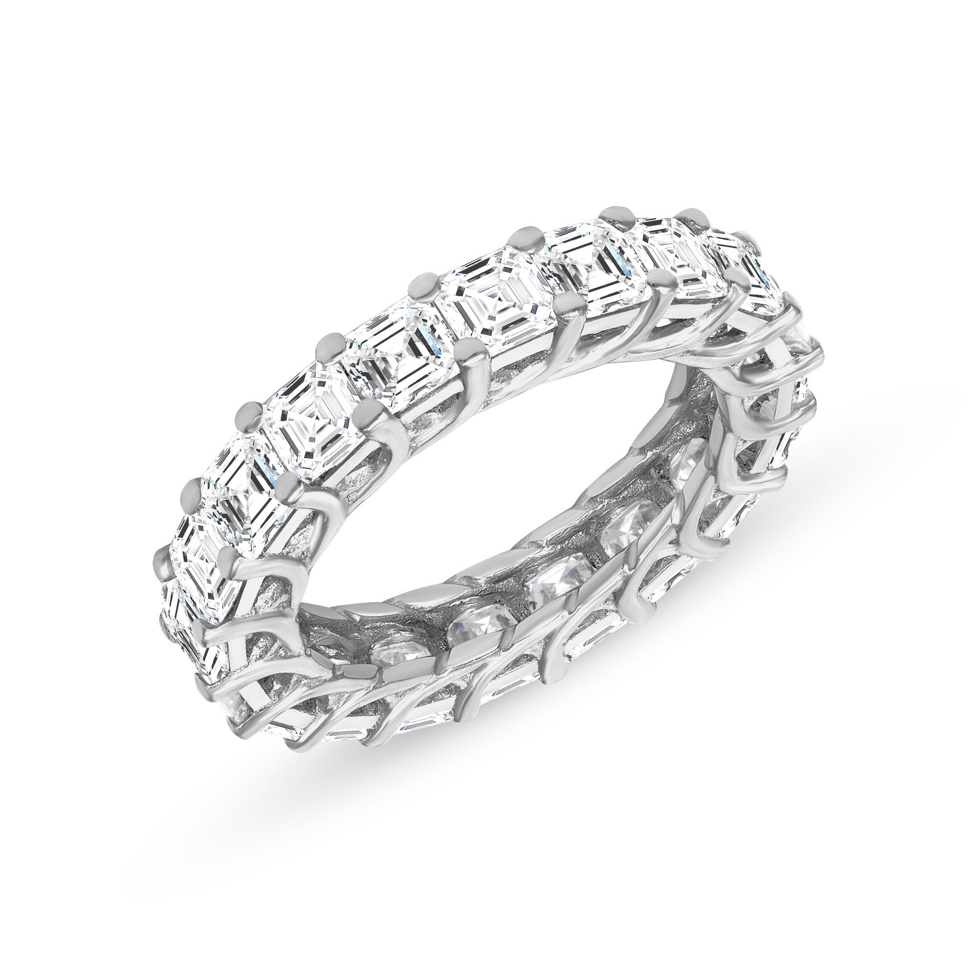 This asscher cut diamond eternity band exhibits a sparkle which gives your attire a modern and trendy approach. The unique prong setting of the platinum all around the ring added a great value in this piece. A mixture of both tradition and style