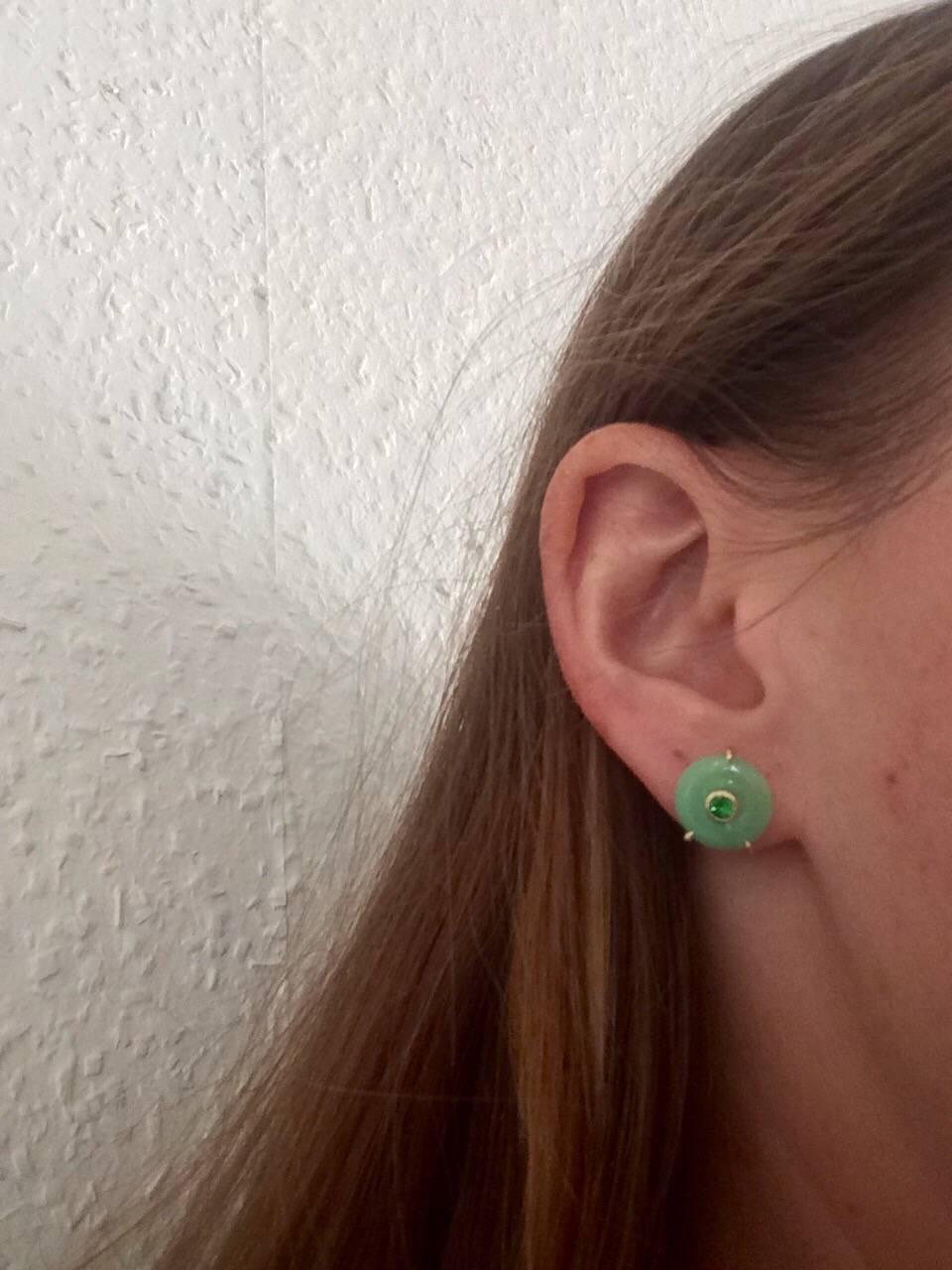 Women's Ana De Costa Circular Green Jade Tsavorite Yellow Gold Stud Earrings For Sale