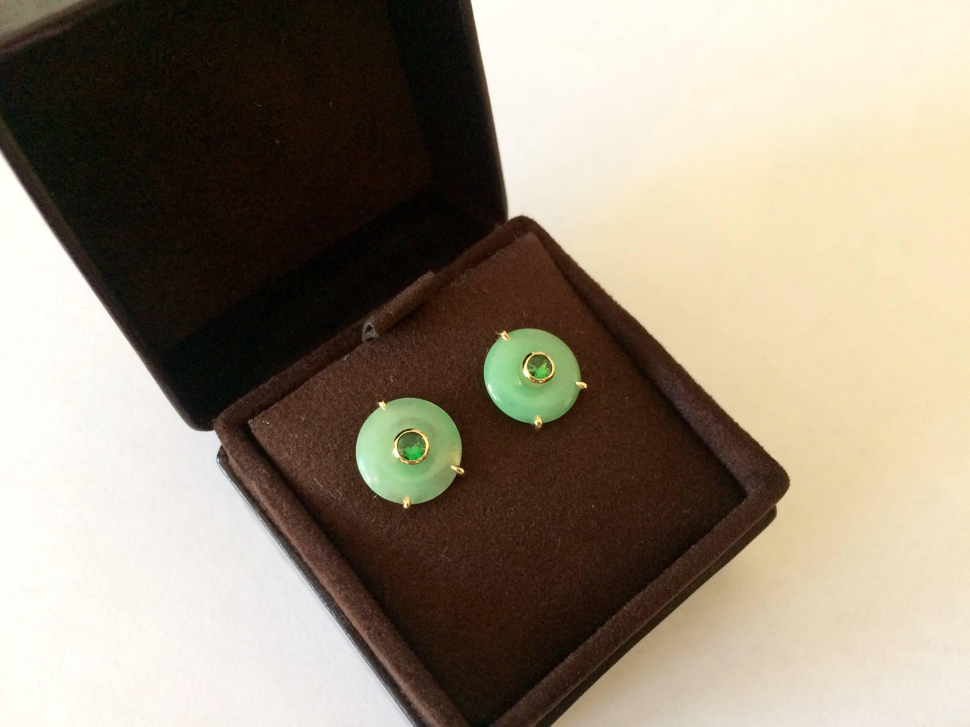 Ana De Costa Circular Green Jade Tsavorite Yellow Gold Stud Earrings For Sale 1