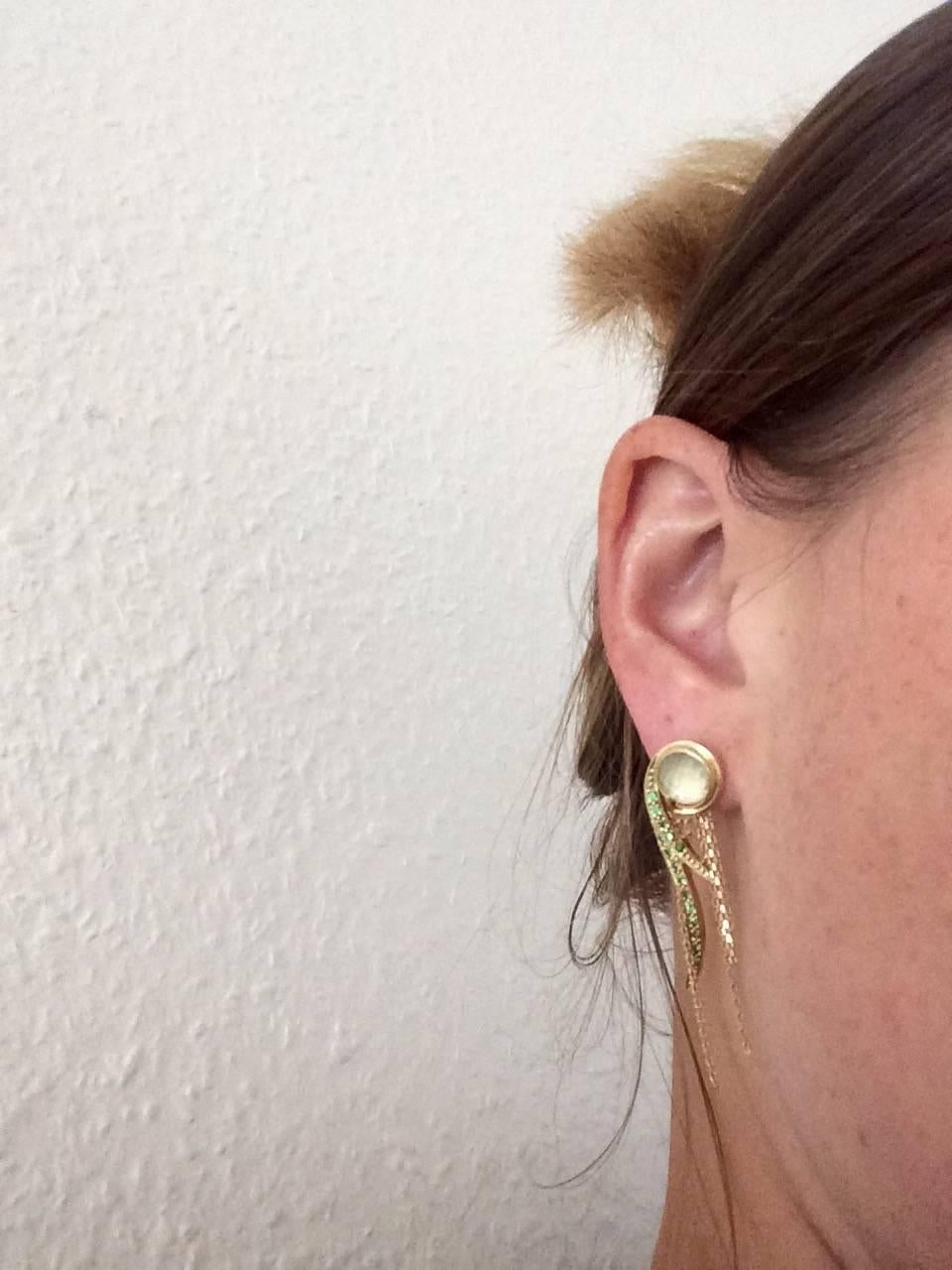 Ana De Costa Yellow Gold Round Green Tsavorite Rock Crystal Drop Chain Earrings 3
