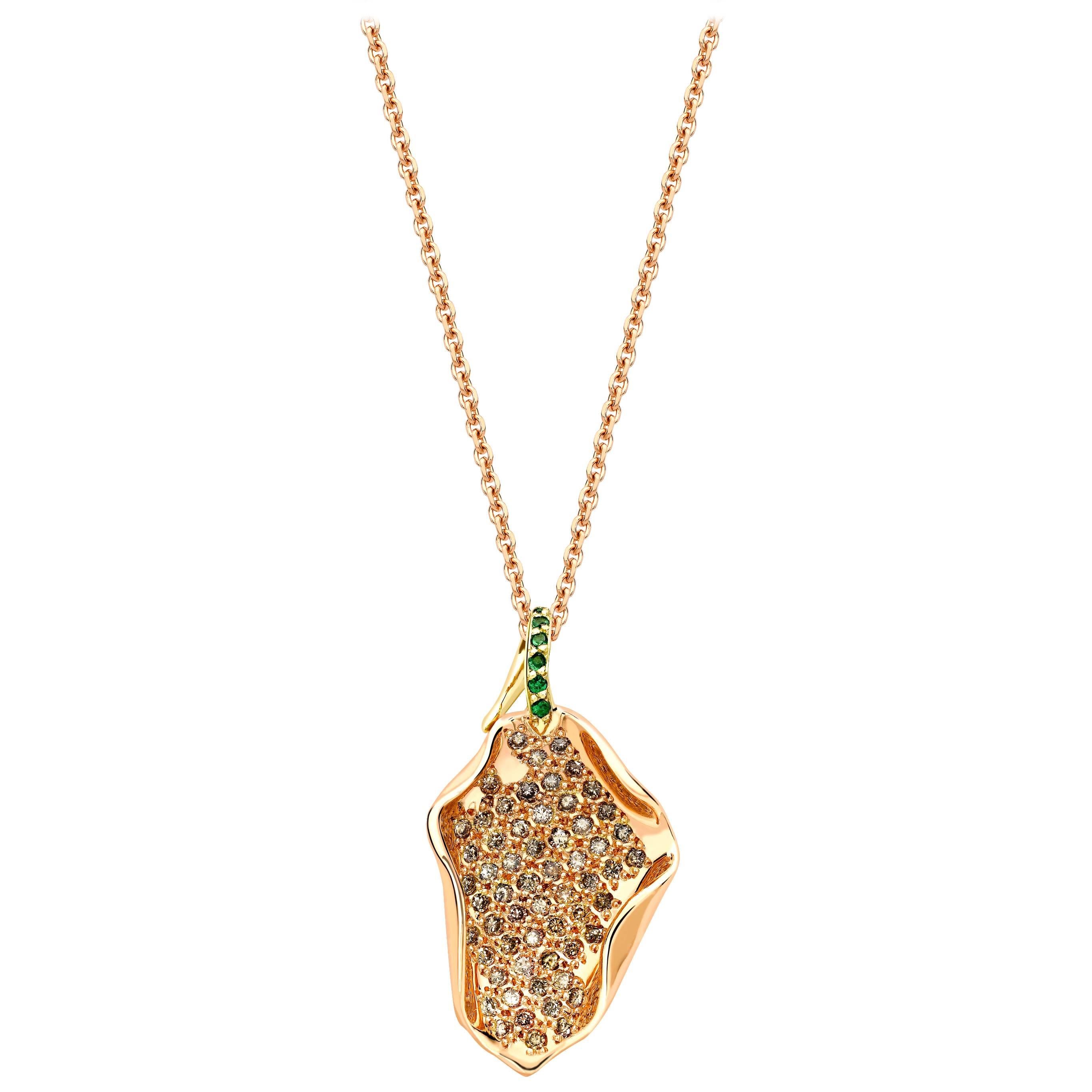 Ana de Costa Rose Yellow Gold Green Tsavorite Cognac Diamond Petal Drop Pendant For Sale