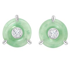 Ana de Costa White Gold Green Jade Round White Diamond Circular Stud Earrings