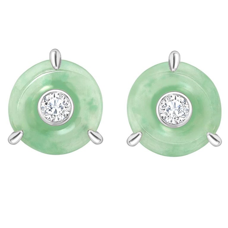 Ana de Costa White Gold Green Jade Round White Diamond Circular Stud
