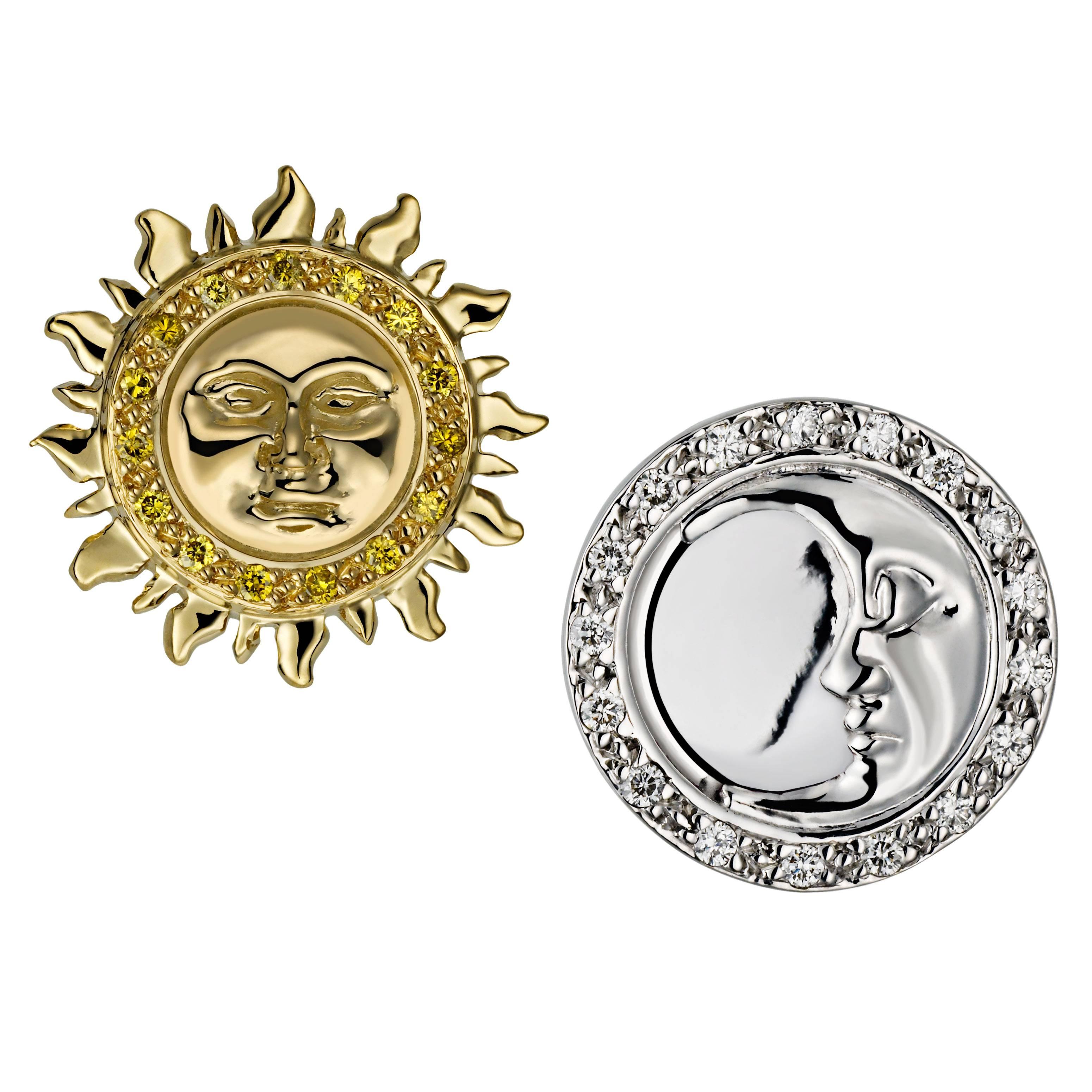 Ana De Costa Yellow White Gold White Diamond Sun Moon Circular Stud Earrings im Angebot