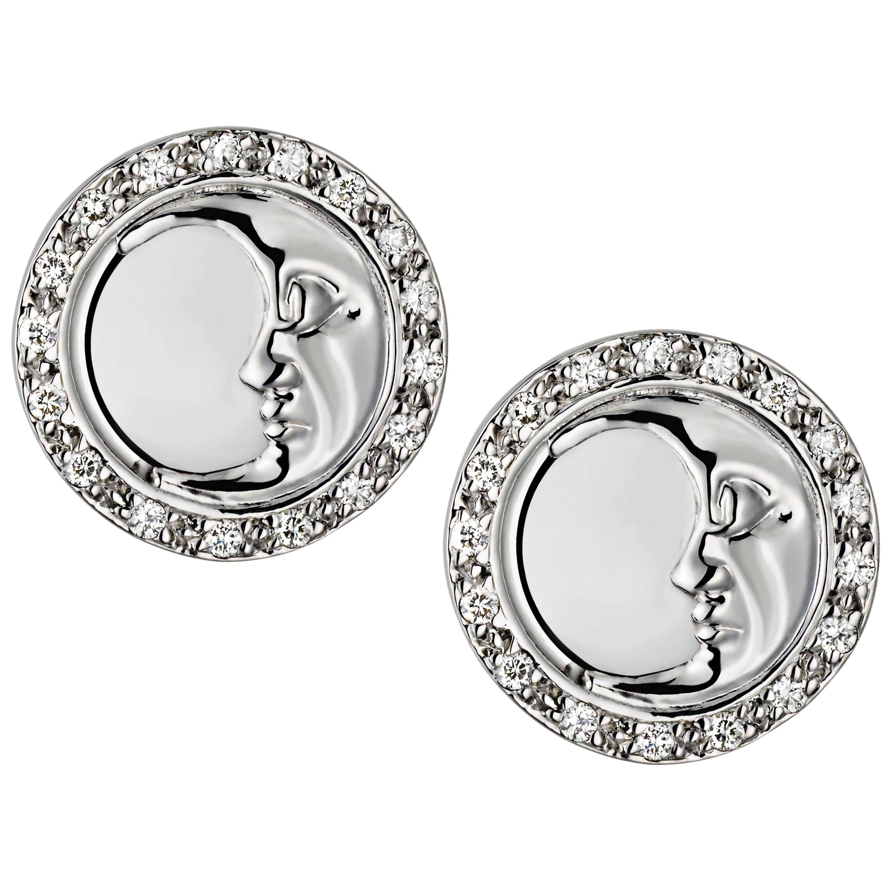 Ana De Costa White Gold White Round Diamond Circular Moon Stud Earrings For Sale