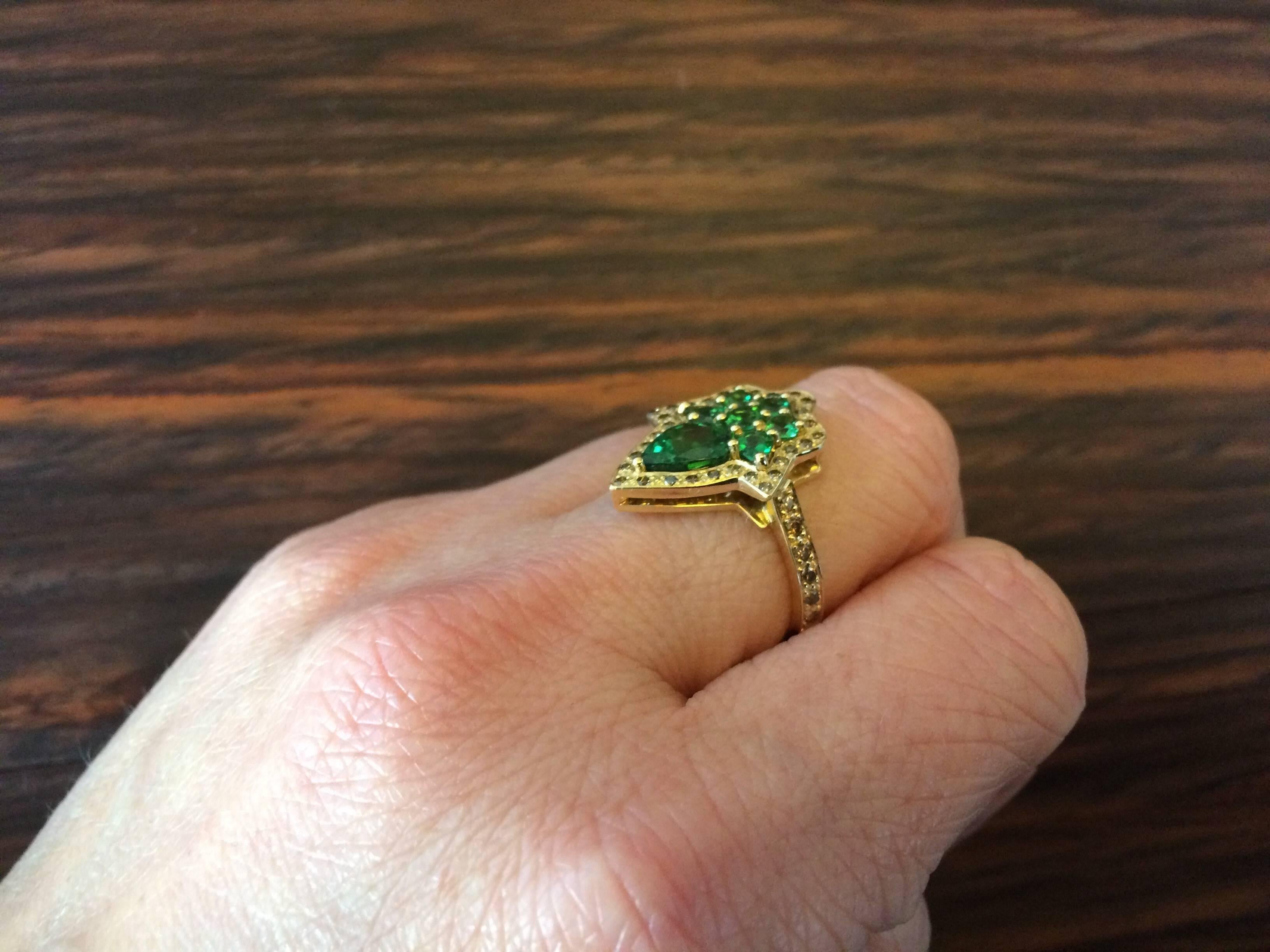 Ana de Costa Yellow Gold Green Pear Round Tsavorite Cognac Diamond Cocktail Ring In New Condition For Sale In London, Kent