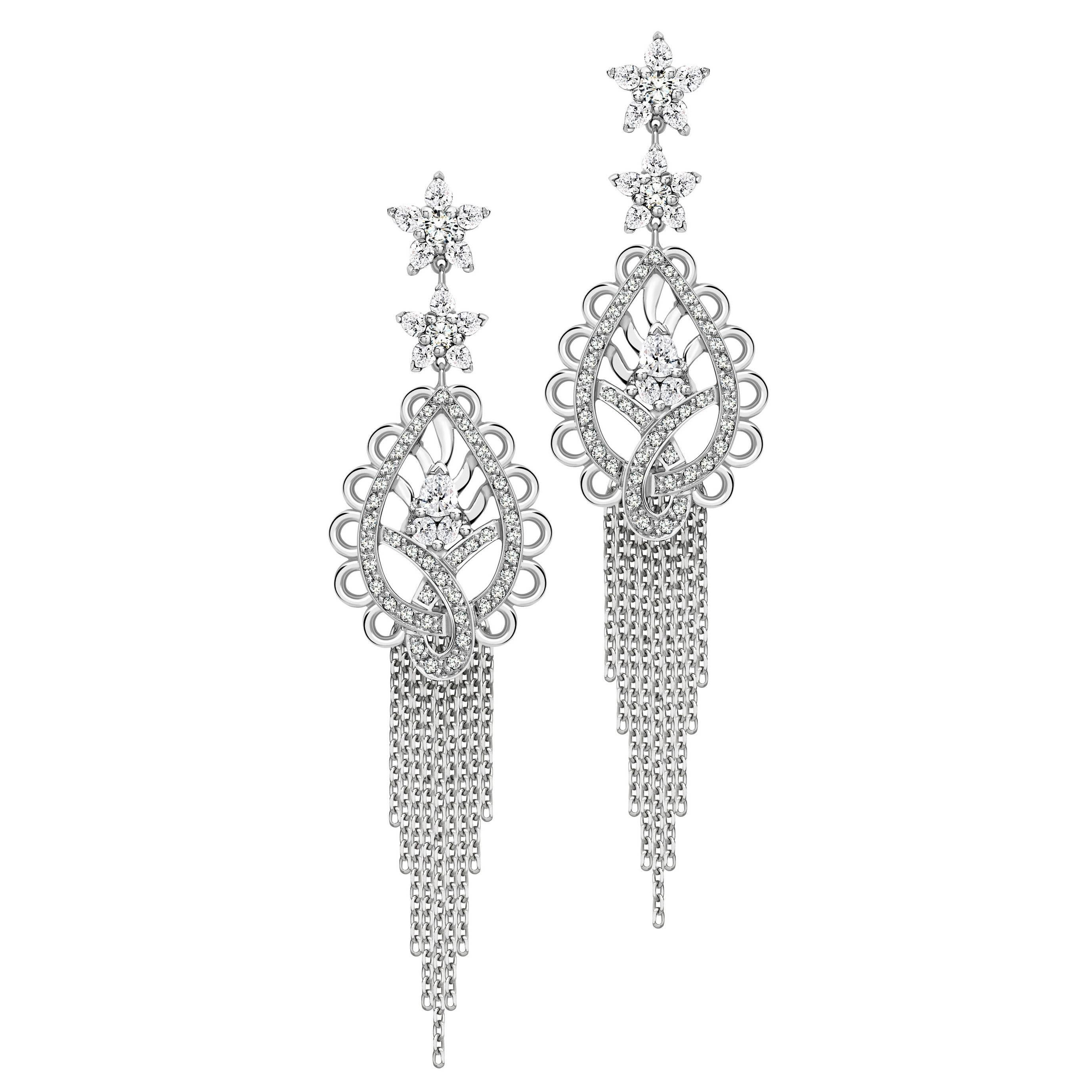 Ana de Costa Pear Round White Diamond Platinum Paisley Drop Chain Earrings For Sale
