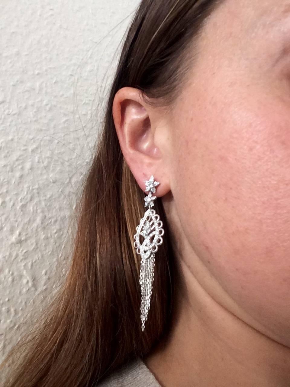Ana de Costa Pear Round White Diamond Platinum Paisley Drop Chain Earrings For Sale 1