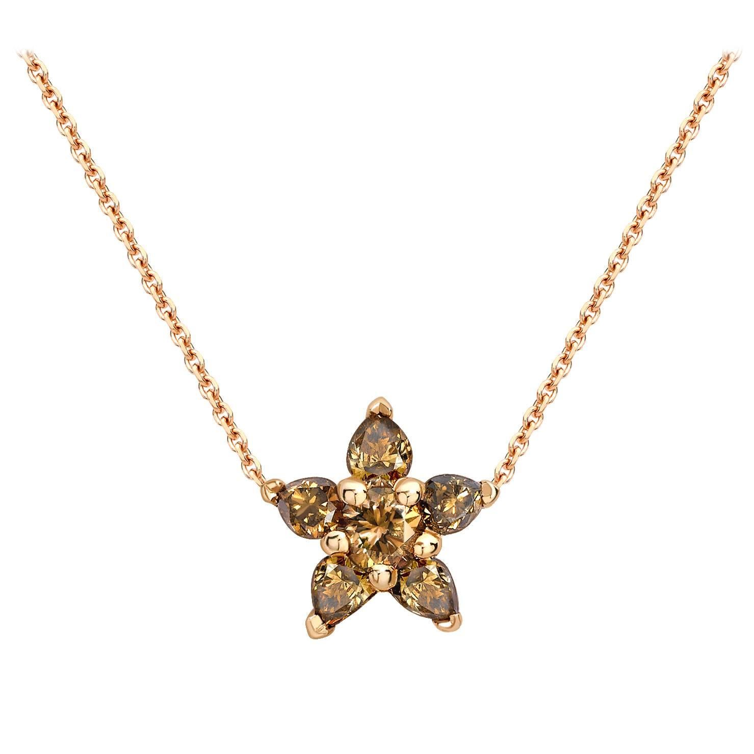 Ana de Costa Cognac Diamond Rose Gold Flower Chain Drop Pendant For Sale