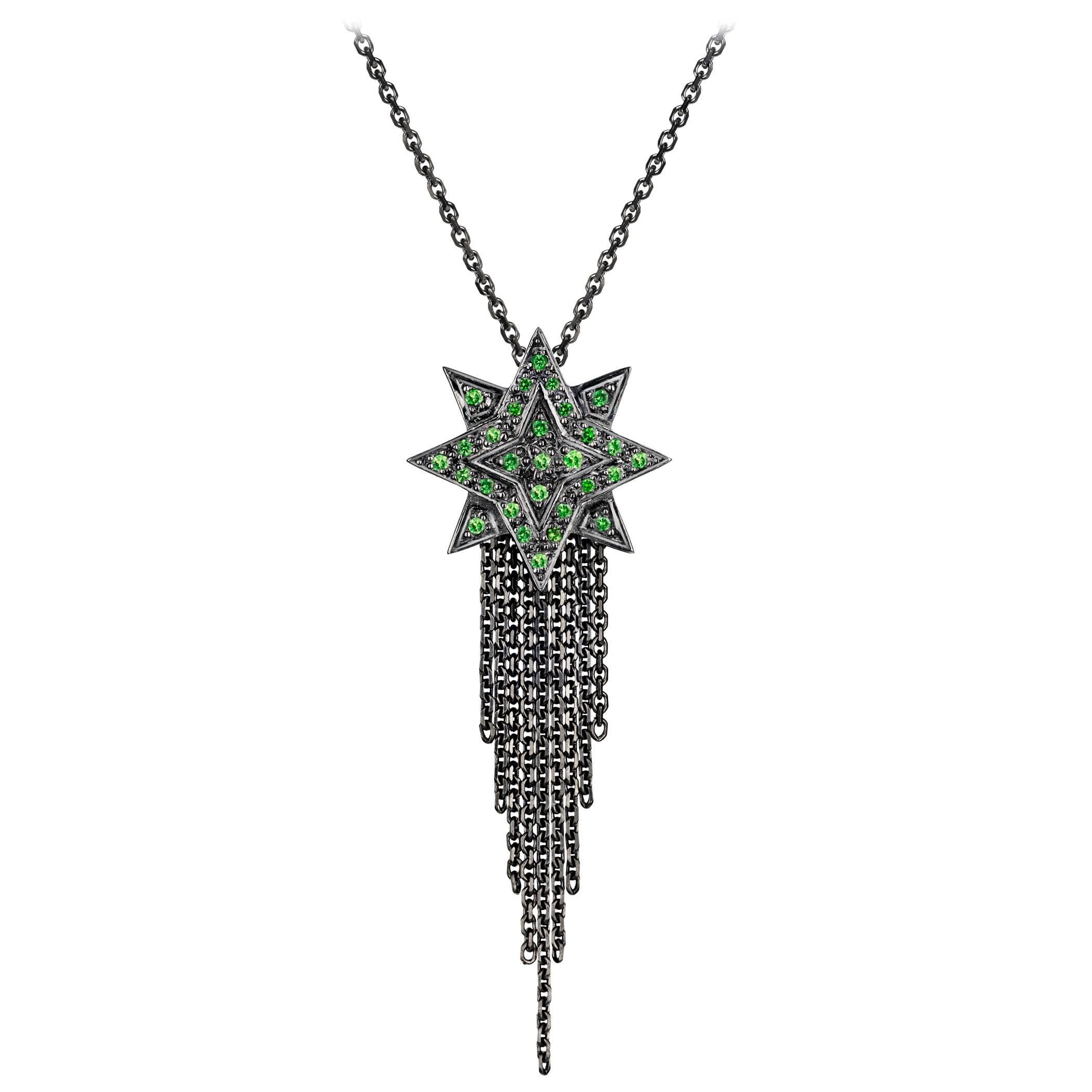 Ana de Costa Blackened White Gold Green Tsavorite Star Drop Chain Pendant For Sale