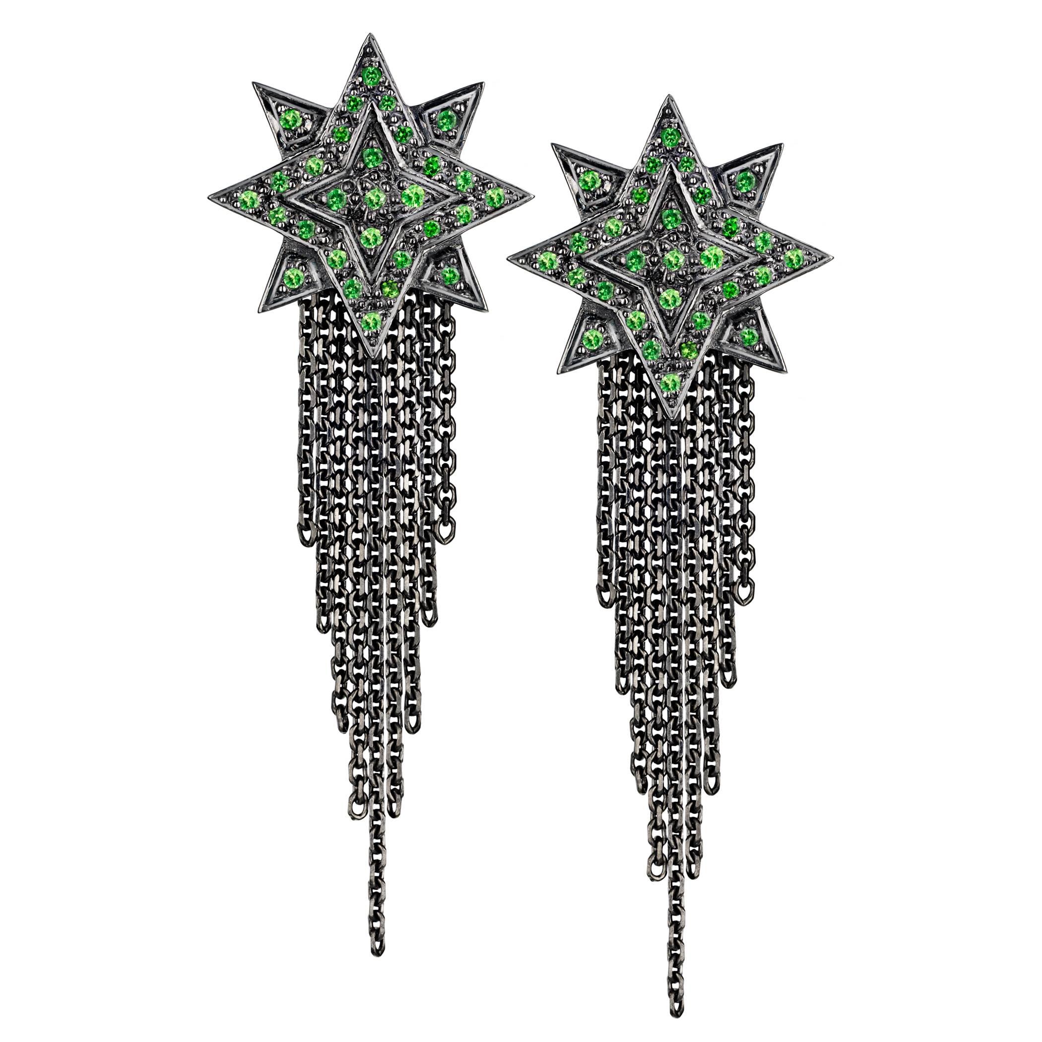 Ana de Costa Blackened White Gold Green Tsavorite Star Chain Drop Earrings For Sale