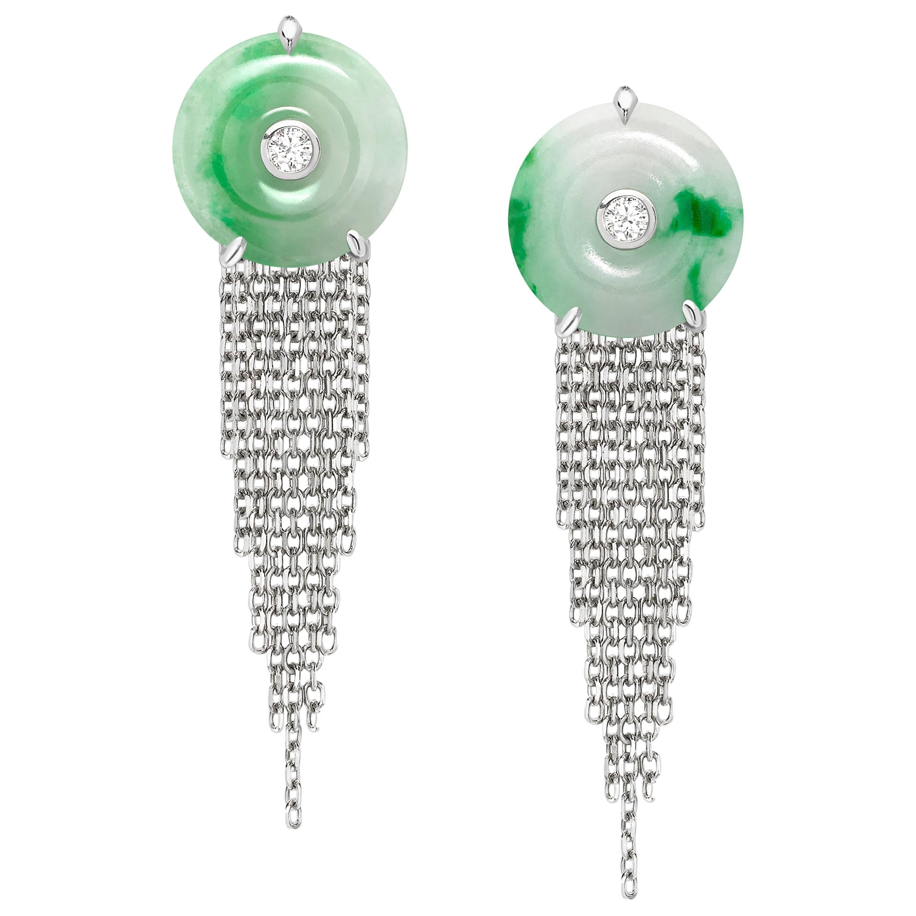 Ana de Costa Jade Circular White Diamond Platinum Tassel Drop Chain Earrings im Angebot