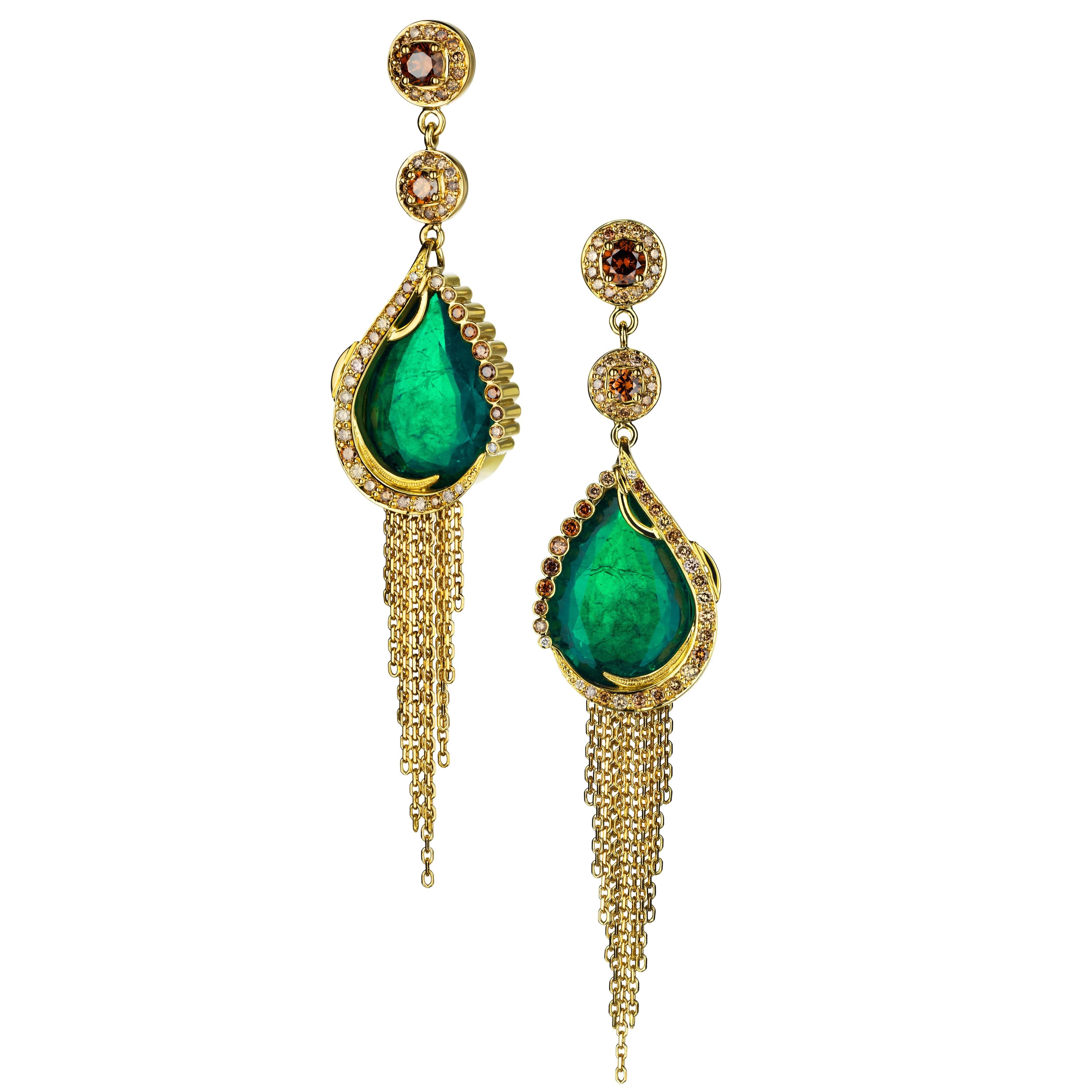 Ana de Costa Yellow Gold Emerald Cognac Diamond Chain Drop Tassel Earrings For Sale