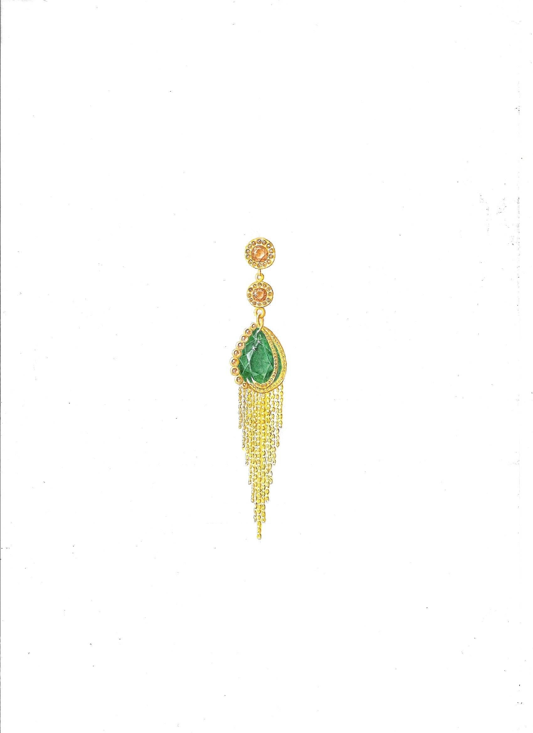 Contemporary Ana de Costa Yellow Gold Emerald Cognac Diamond Chain Drop Tassel Earrings For Sale