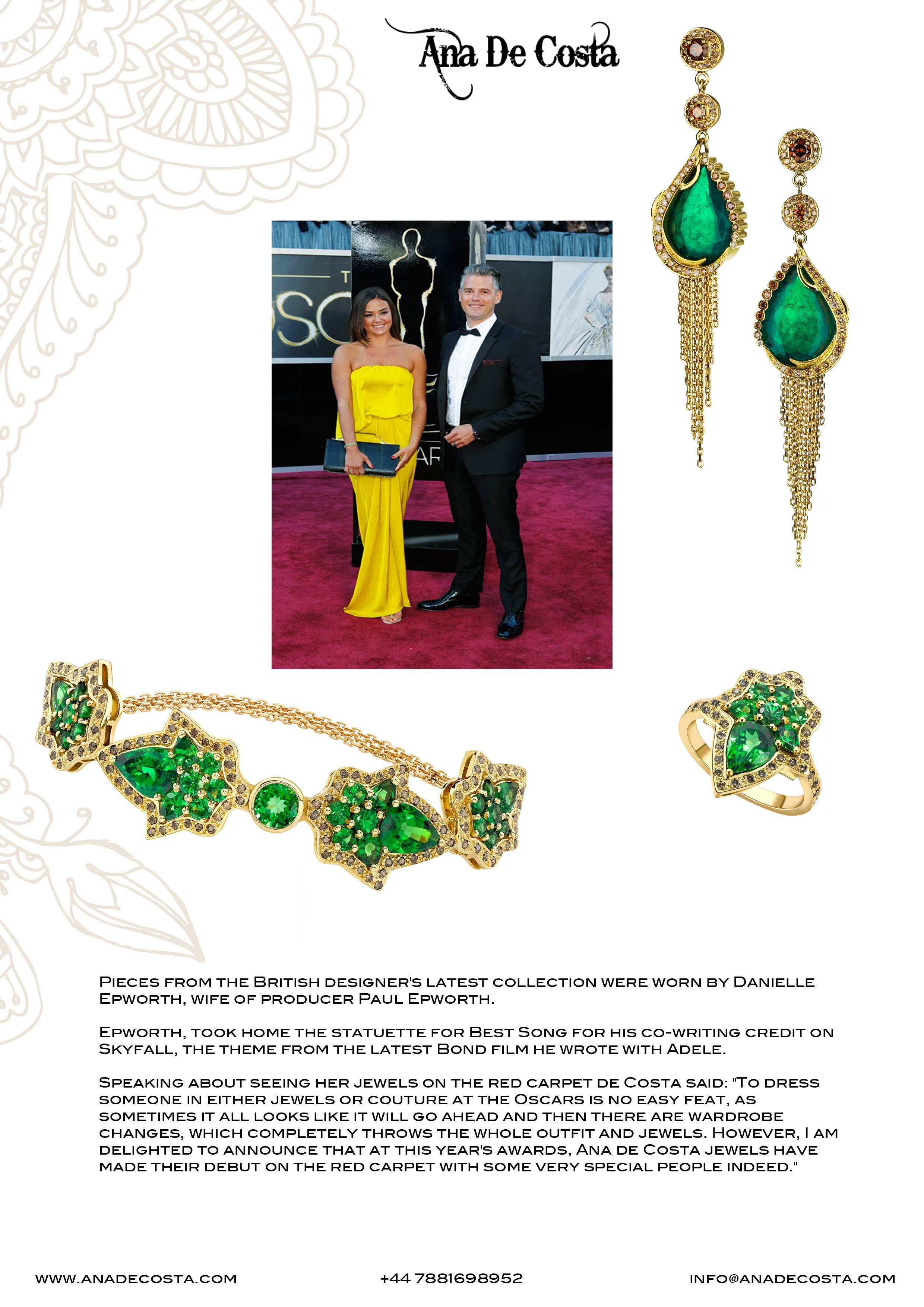 Women's Ana de Costa Yellow Gold Emerald Cognac Diamond Chain Drop Tassel Earrings For Sale