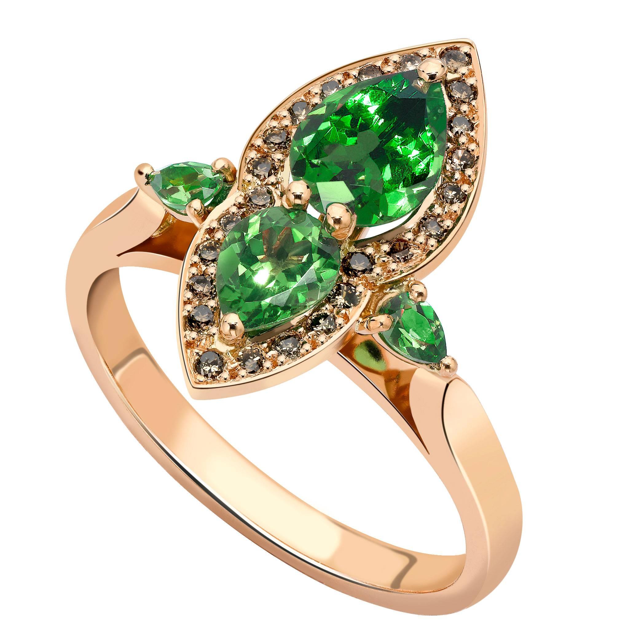 Ana De Costa Rose Gold Green Tsavorite Cognac Diamond Pear Engagement Ring For Sale