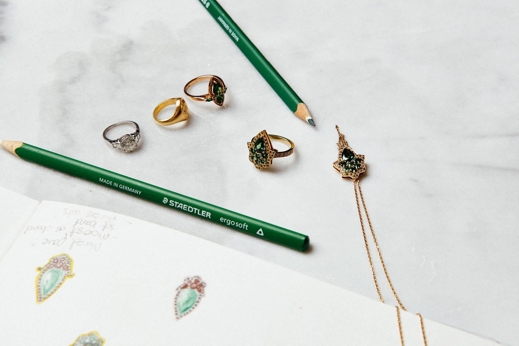 Pear Cut Ana De Costa Rose Gold Green Tsavorite Cognac Diamond Pear Engagement Ring For Sale