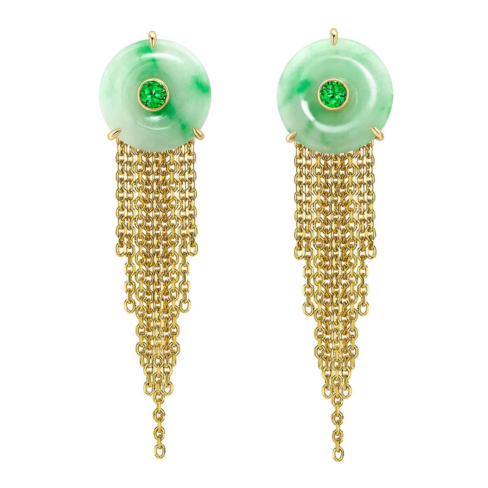 Ana De Costa Yellow Gold Round Green Diamond Green Jade Circular Disc Earrings For Sale
