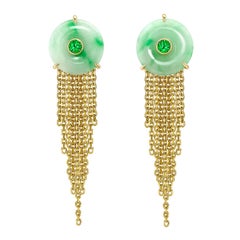 Ana De Costa Yellow Gold Round Green Diamond Green Jade Circular Disc Earrings