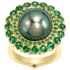 Ana de Costa Black Tahitian Pearl Round Tsavorite Yellow Gold Cocktail Ring