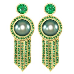 Ana De Costa Black Tahitian Pearl Green Round Tsavorite YellowGold Drop Earrings