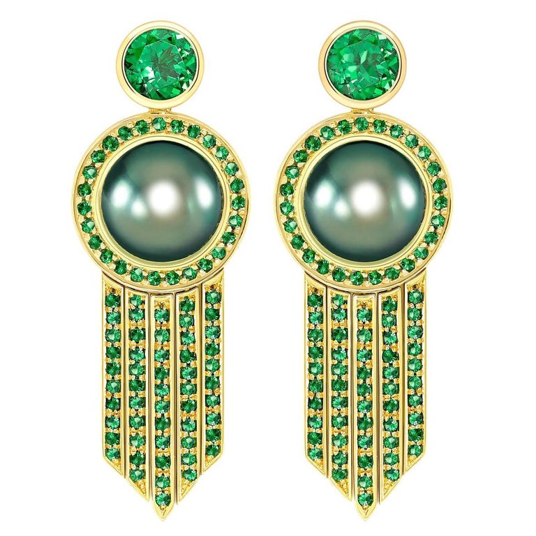 Ana De Costa schwarze Tahiti Perle grüne Runde Tsavorit YellowGold Tropfen Ohrringe 1