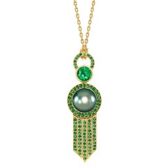 Ana De Costa Yellow Gold Green Round Tsavorite Black Tahitian Pearl Drop Pendant