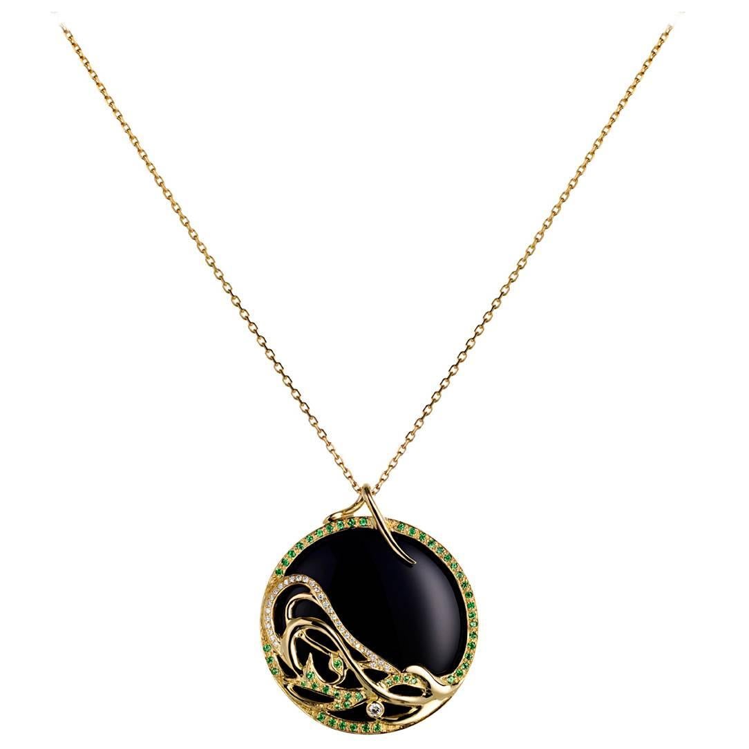 Ana de Costa Yellow Gold Green Tsavorite Black Onyx White Diamond Drop Pendant For Sale