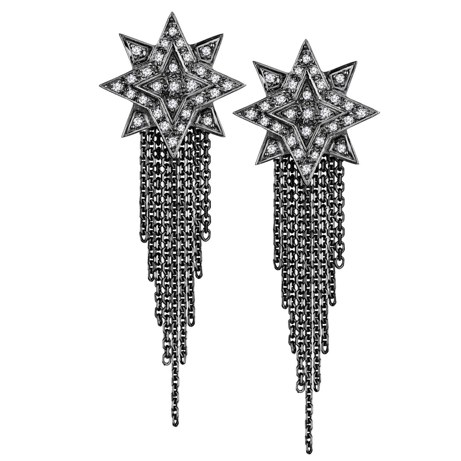 Ana de Costa Blackened White Gold Round White Diamond Star Drop Chain Earrings im Angebot