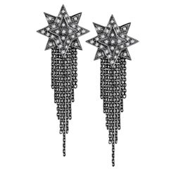 Ana de Costa Blackened White Gold Round White Diamond Star Drop Chain Earrings