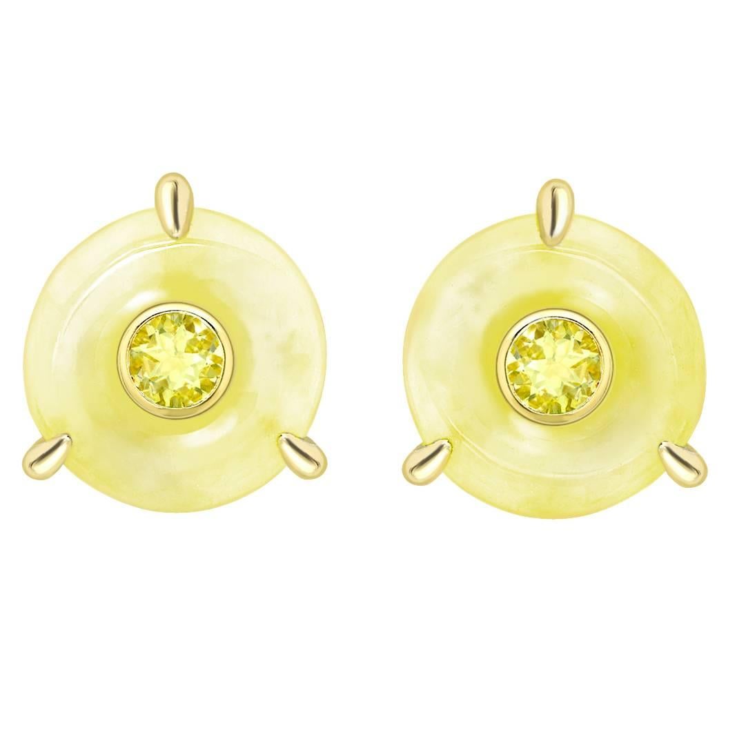 Ana de Costa Yellow Gold Yellow Diamond Yellow Round Jade Circular Stud Earrings For Sale
