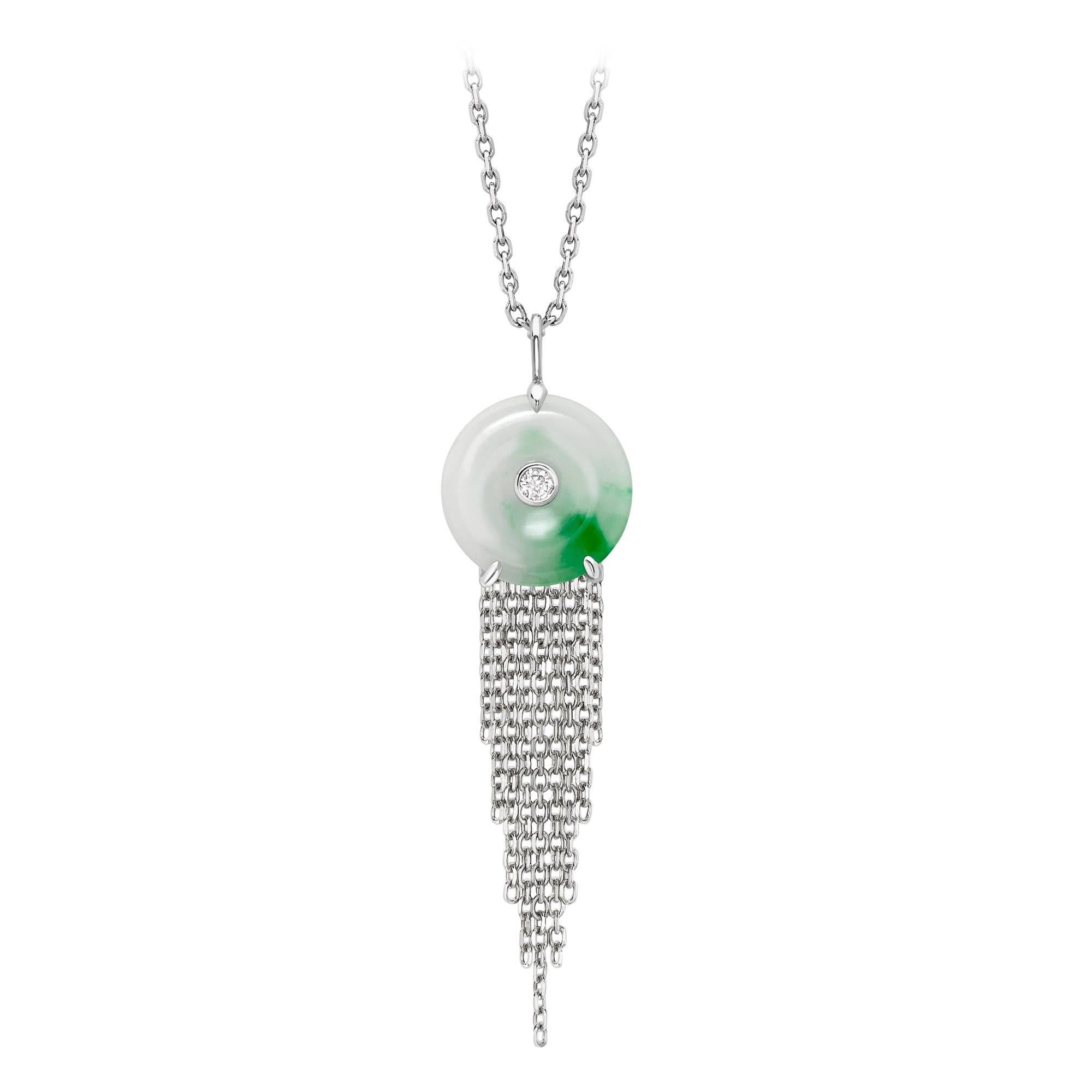 Ana de Costa White Gold Green Jade and White Diamond Circular Disc Drop Pendant For Sale