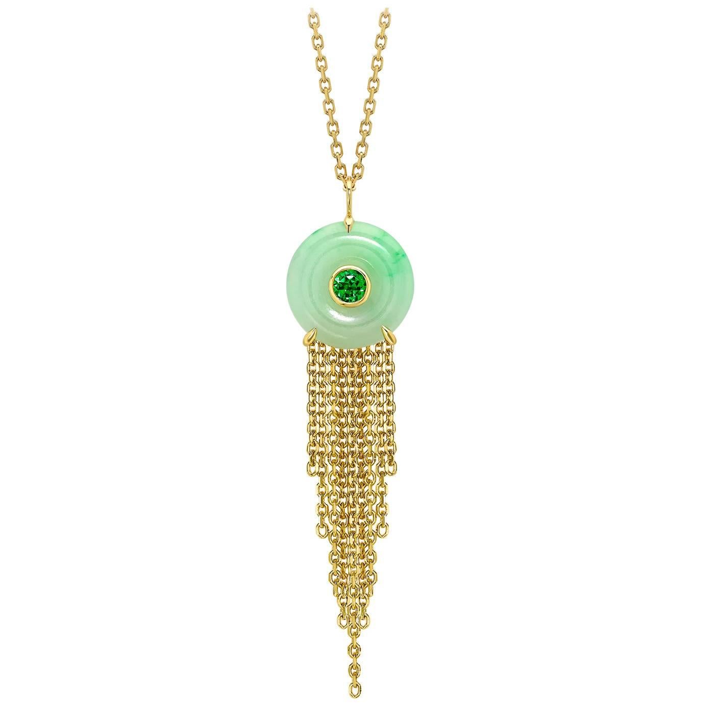 Ana de Costa Yellow Gold Green Jade Green Tsavorite Circular Disc Drop Pendant For Sale