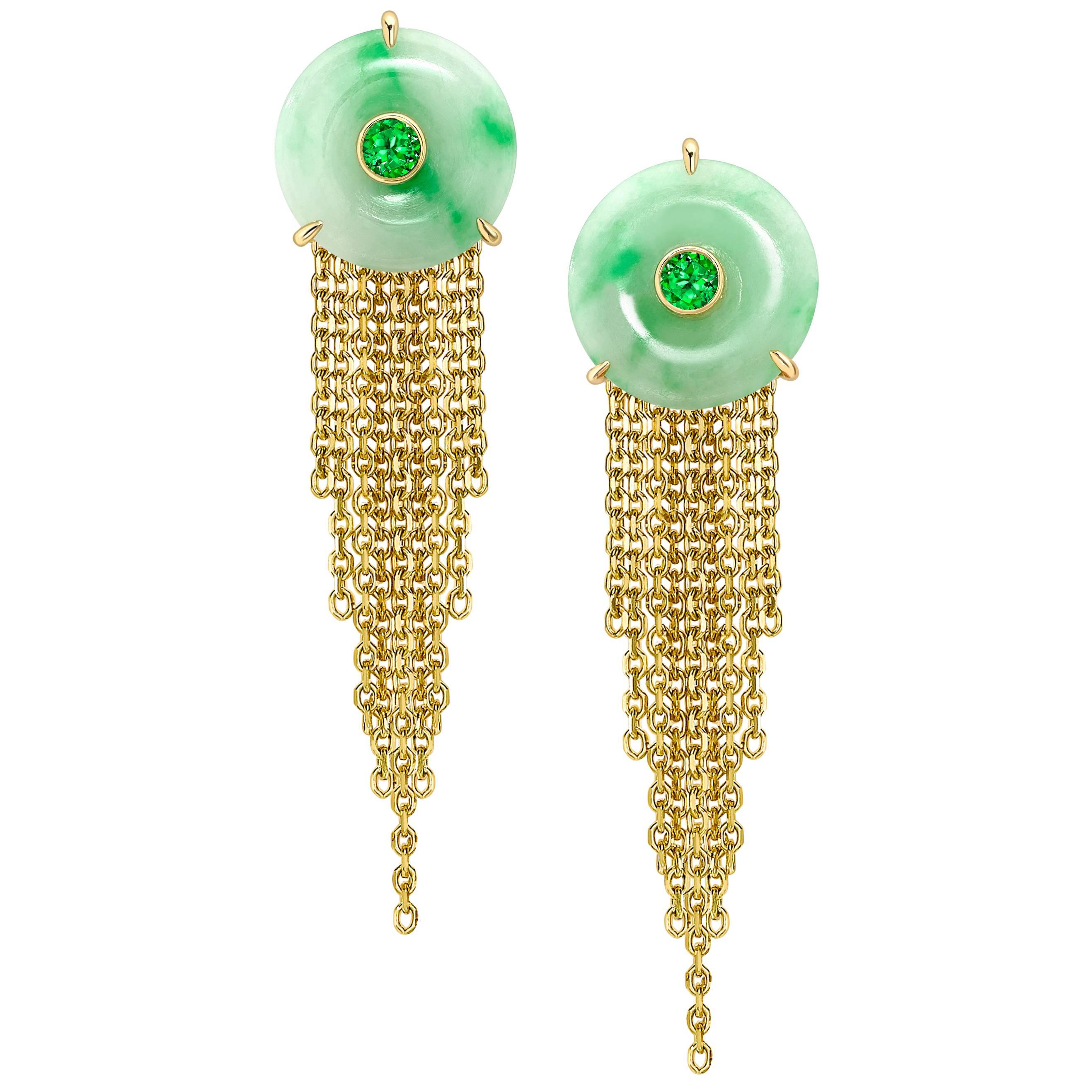 Ana de Costa Yellow Gold Green Jade Green Tsavorite Circular Disc Drop Earrings For Sale