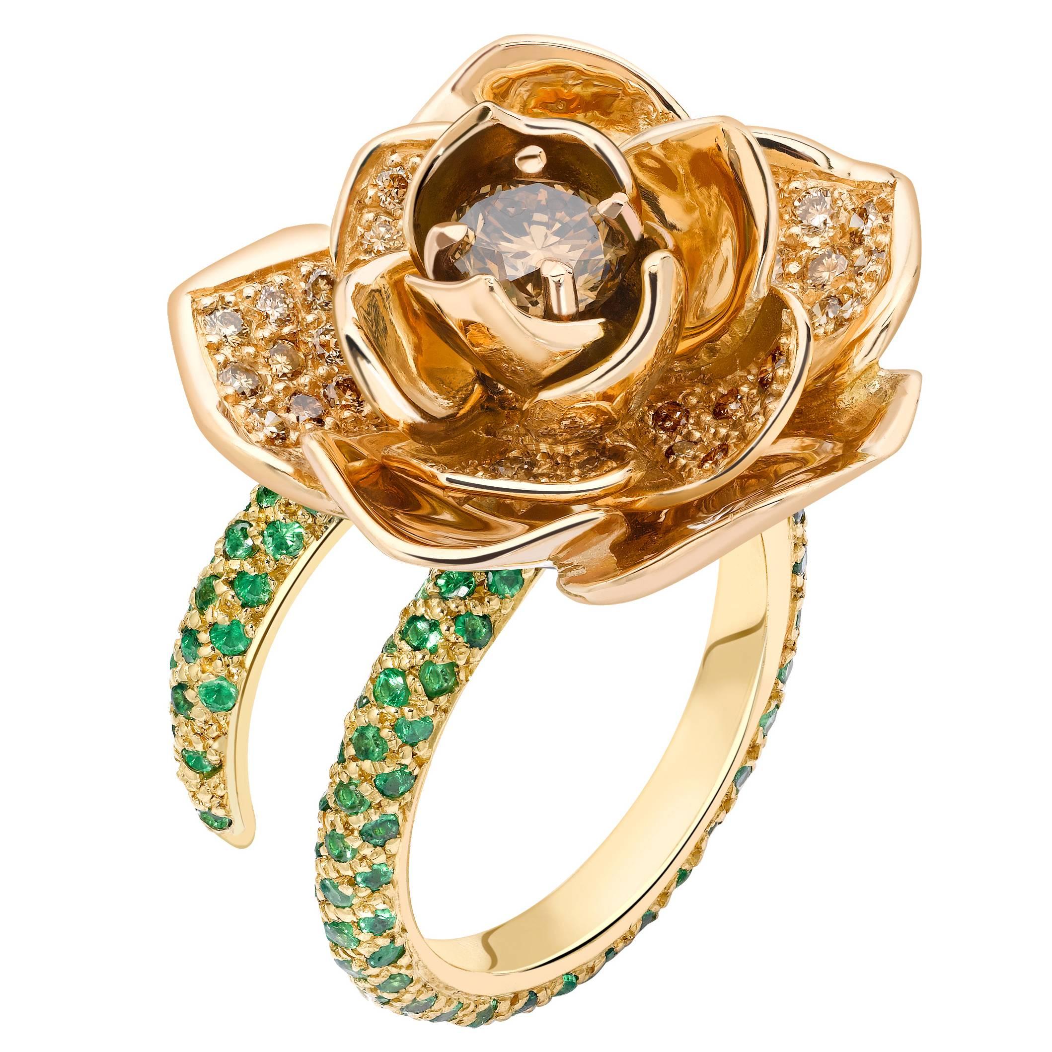 Ana de Costa Rose Yellow Gold Round Tsavorite Cognac Diamond Lotus Cocktail Ring For Sale