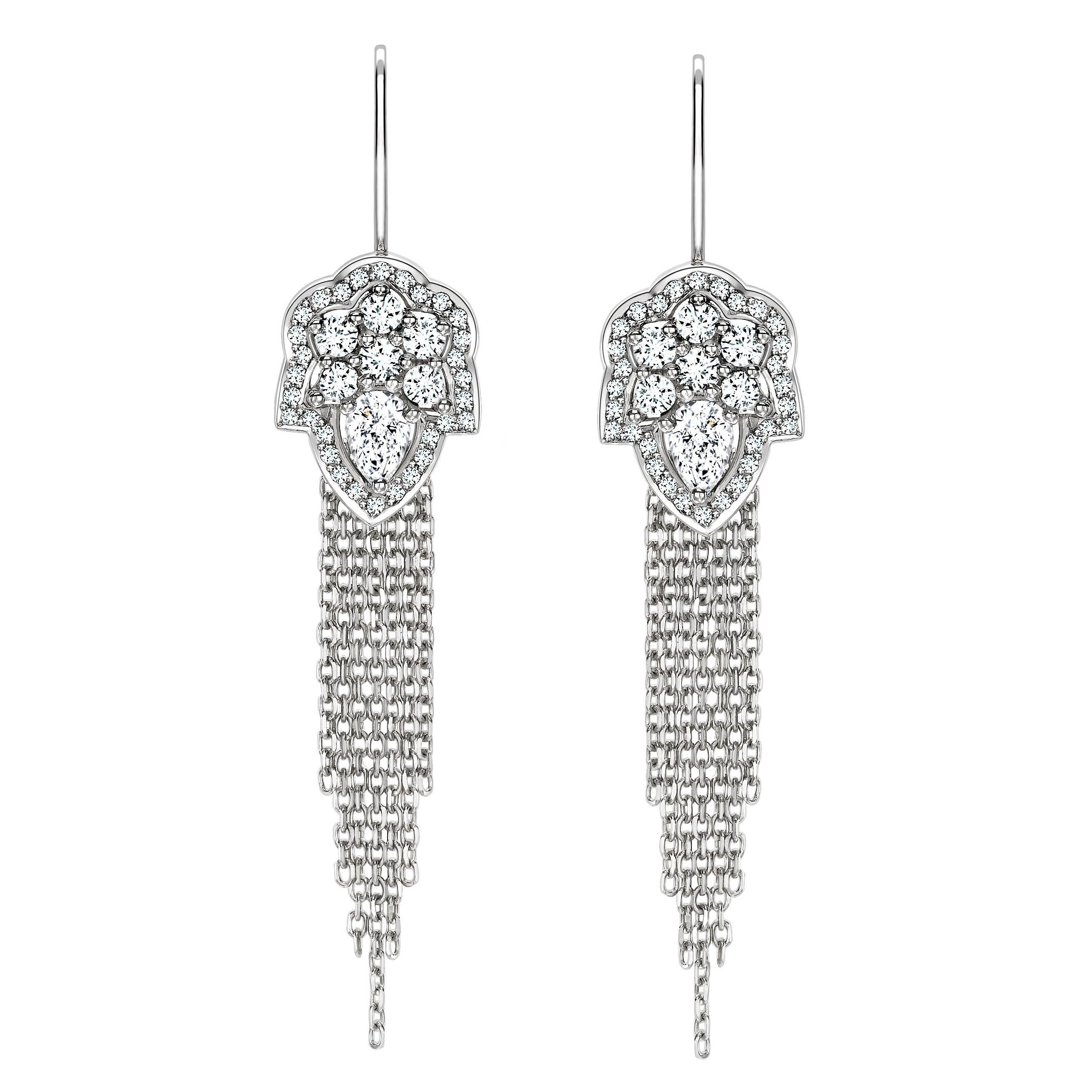 Ana de Costa White Pear Round Diamond Platinum Drop Chain Tassel Earrings For Sale