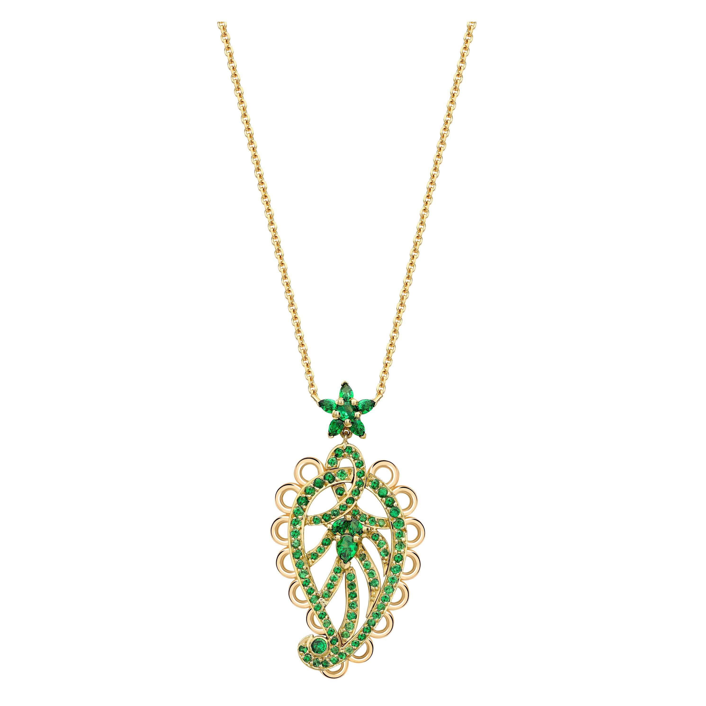 Ana de Costa Round Pear Tsavorite Garnet Yellow Gold Paisley Drop Chain Pendant For Sale