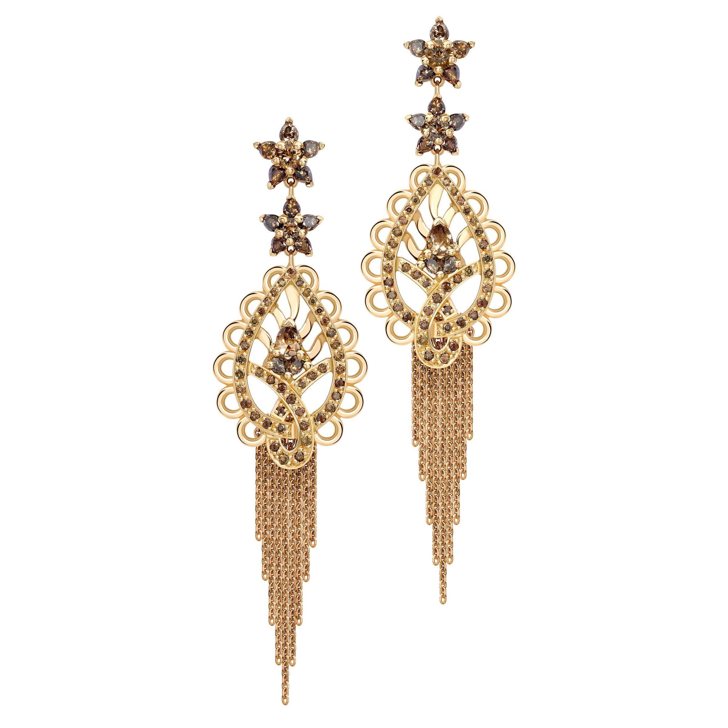 Ana de Costa Cognac Diamond Rose Gold Paisley Drop Chain Tassel Earrings im Angebot