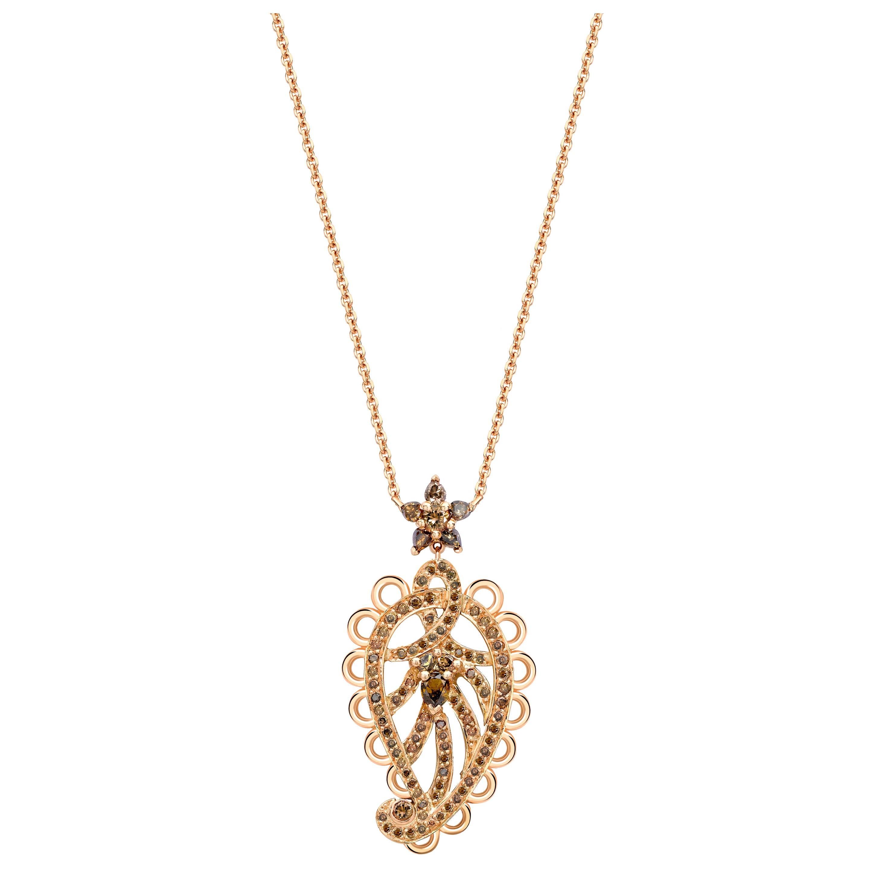 Ana de Costa Rose Gold Pear Round Cognac Diamond Paisley Drop Chain Pendant For Sale