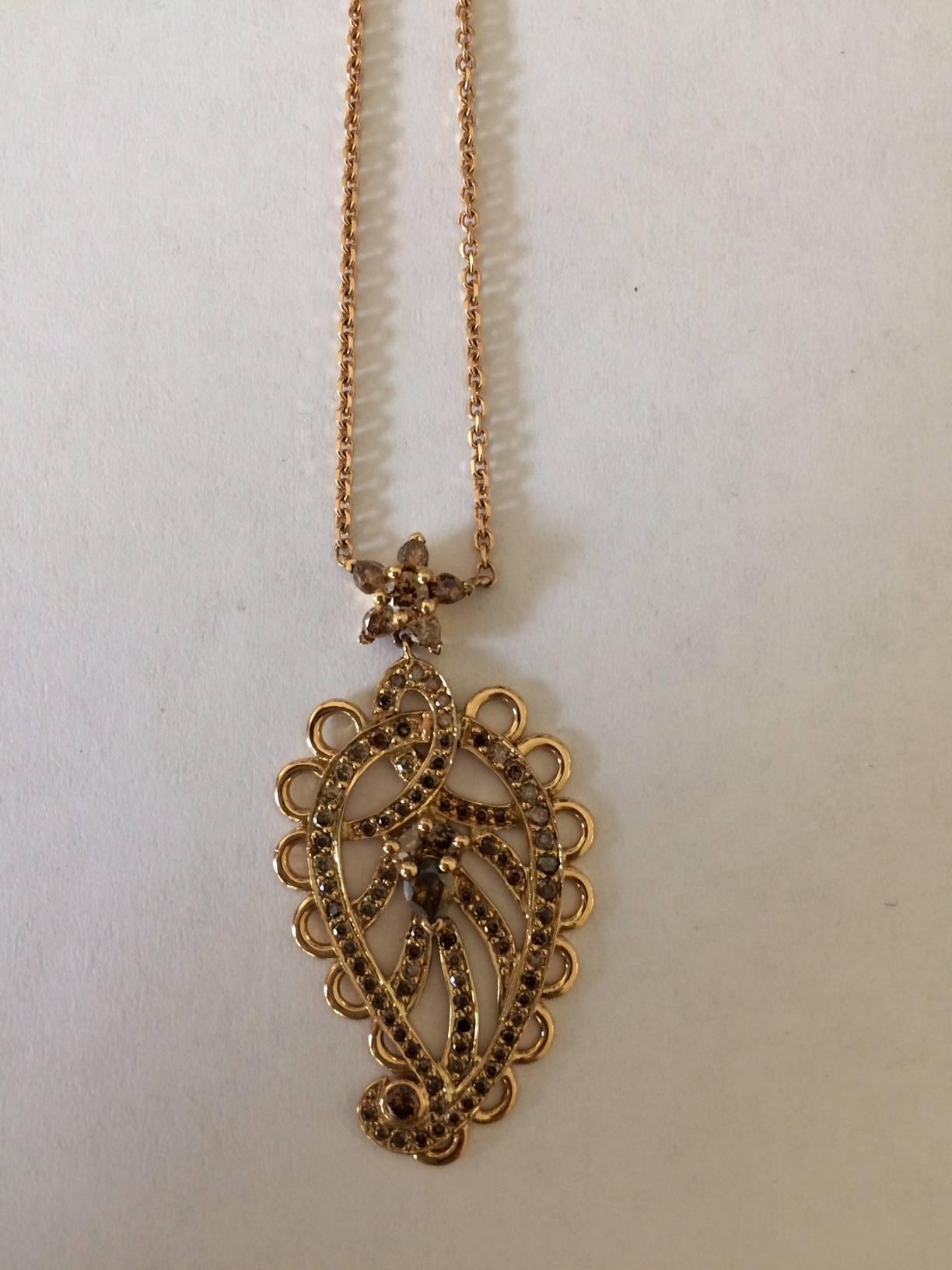 Ana de Costa Rose Gold Pear Round Cognac Diamond Paisley Drop Chain Pendant (Rundschliff) im Angebot