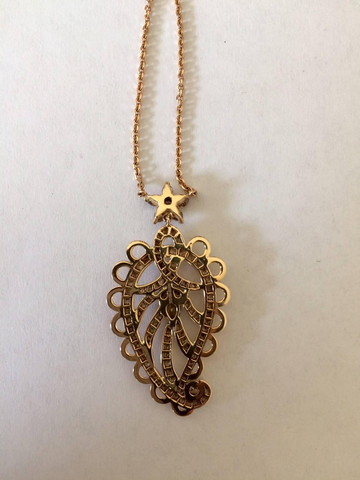 Ana de Costa Rose Gold Pear Round Cognac Diamond Paisley Drop Chain Pendant In New Condition For Sale In London, Kent