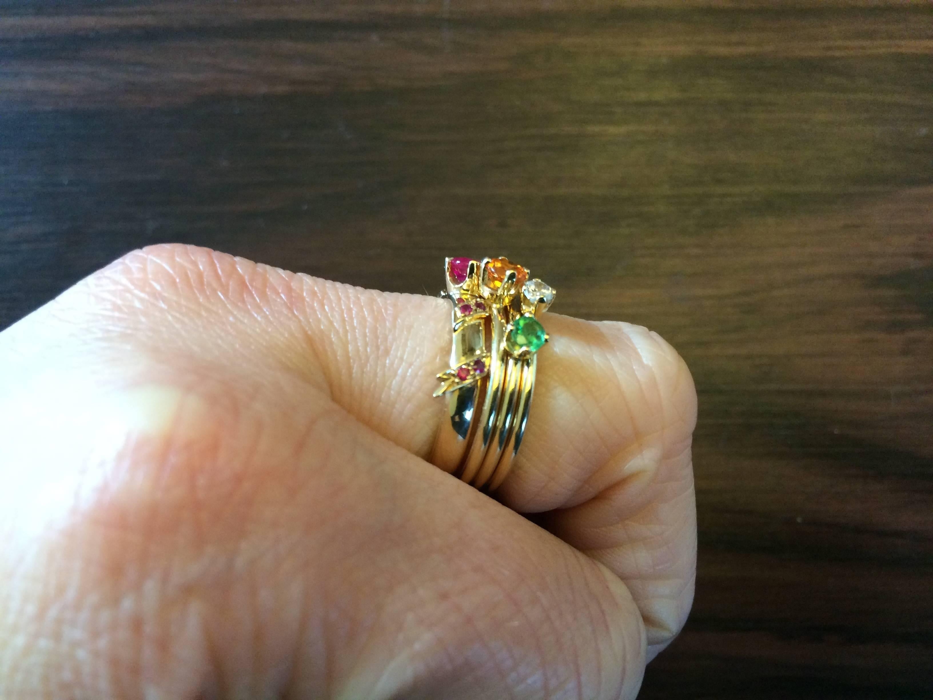 Contemporary Ana De Costa Yellow Gold Round Ruby Tsavorite Garnet Diamond Stacking Rings