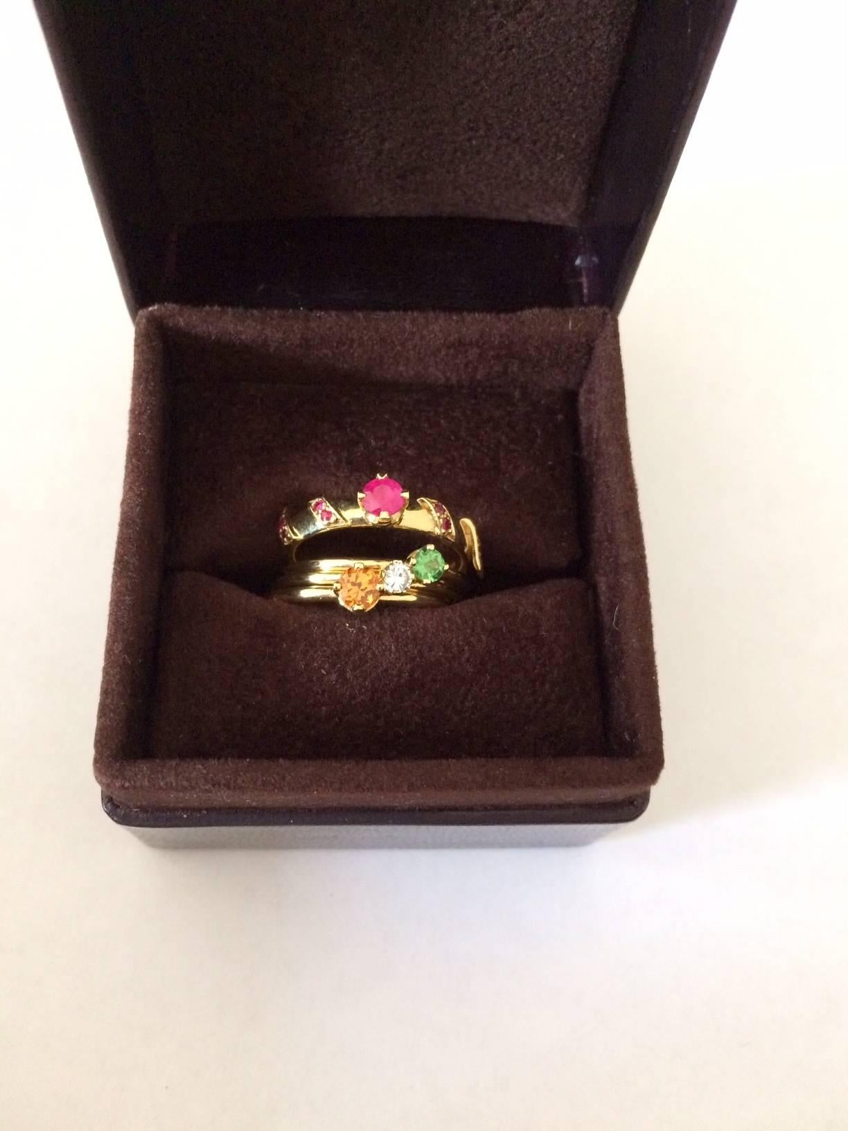 Women's Ana De Costa Yellow Gold Round Ruby Tsavorite Garnet Diamond Stacking Rings