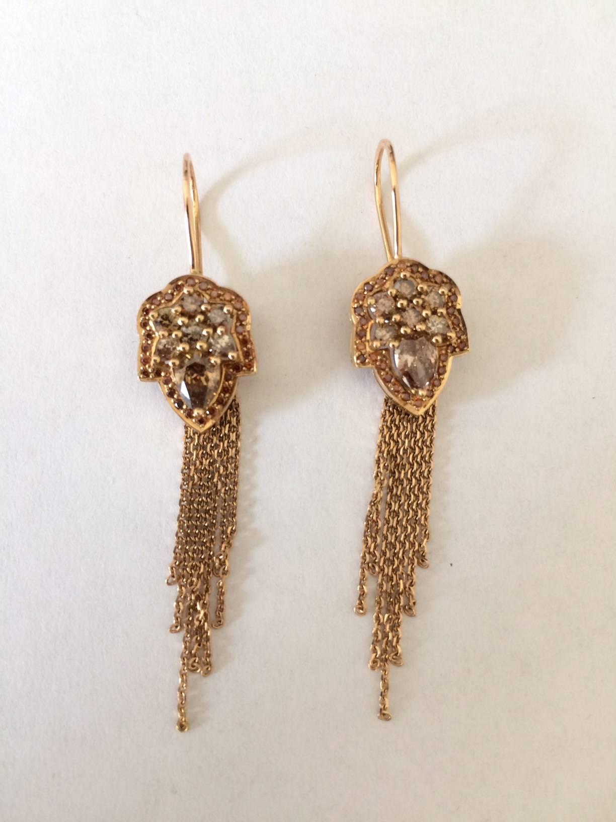 Women's Ana De Costa Rose Gold Pear Round Cognac Diamond Drop Chain Earrings For Sale