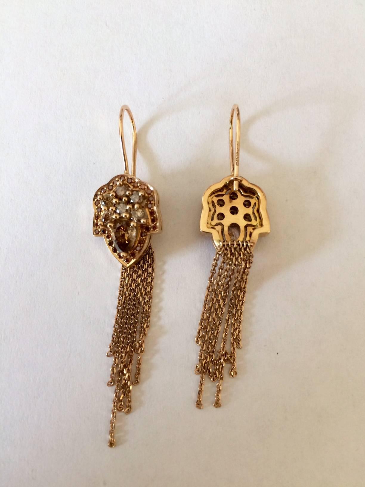 Ana De Costa Rose Gold Pear Round Cognac Diamond Drop Chain Earrings In New Condition For Sale In London, Kent