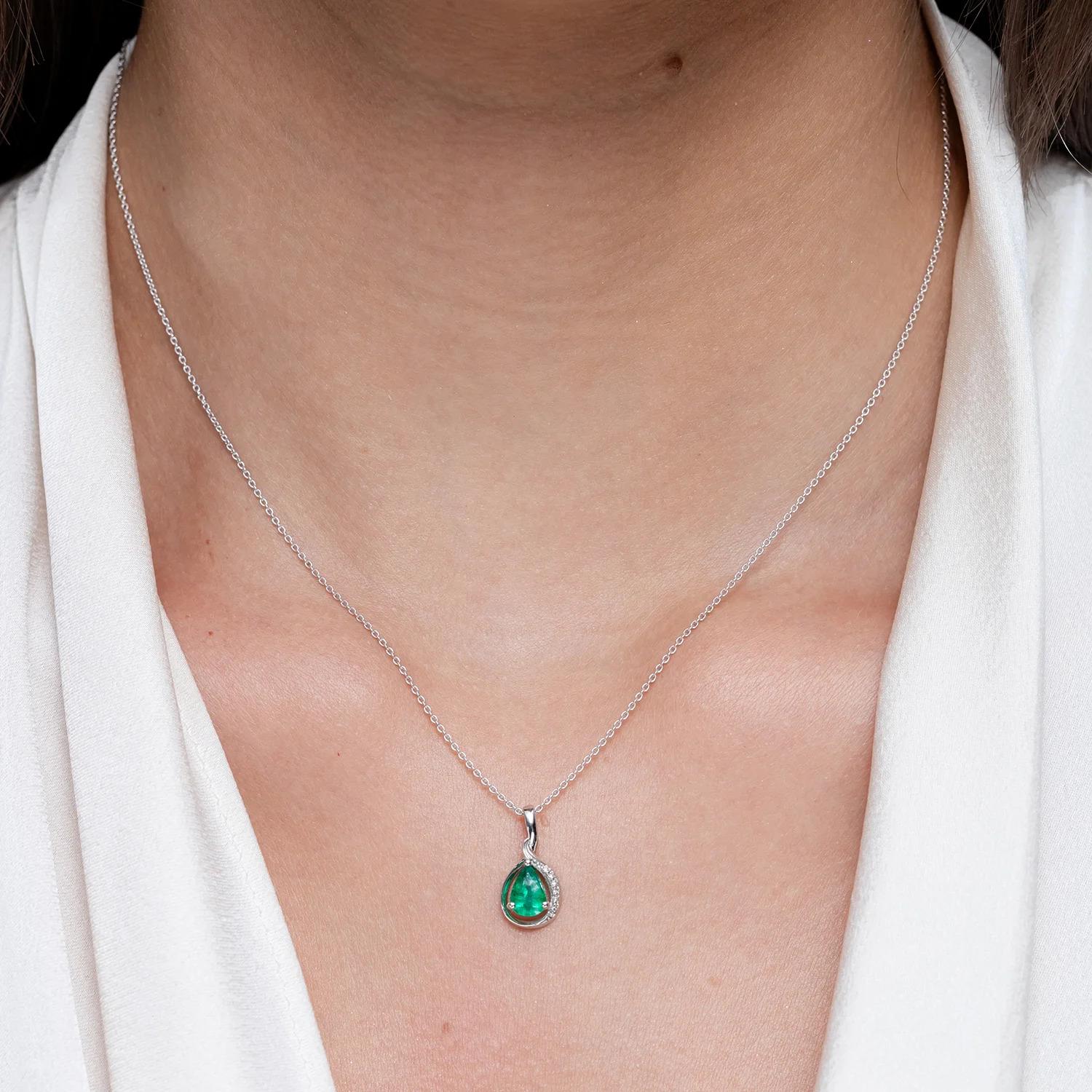Modern Angara Natural Pear-Shaped Emerald and Diamond Loop Pendant in 14K White Gold For Sale