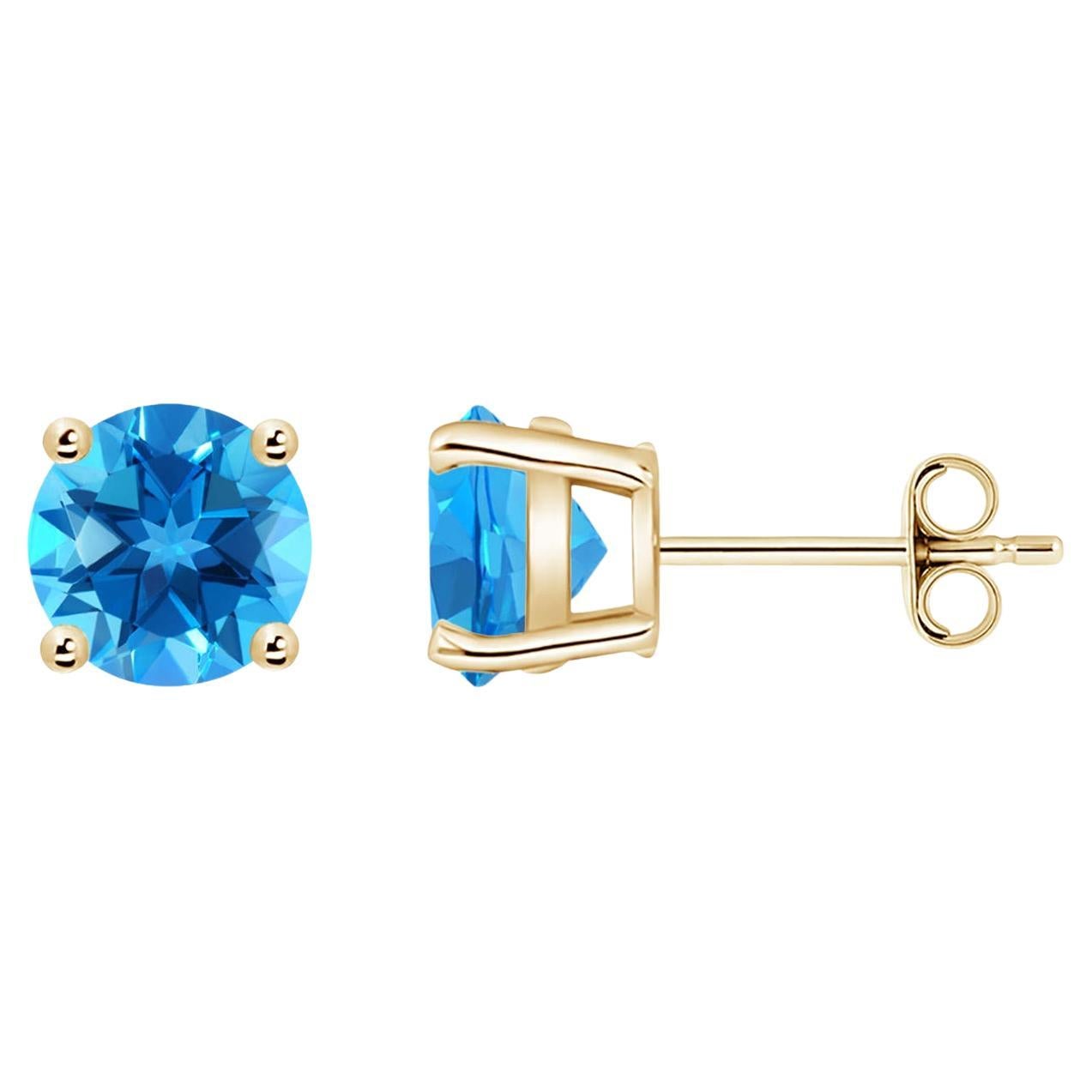 Angara Natural Basket-Set Round 3.1 ct Swiss Blue Topaz Studs in 14K Solid Gold