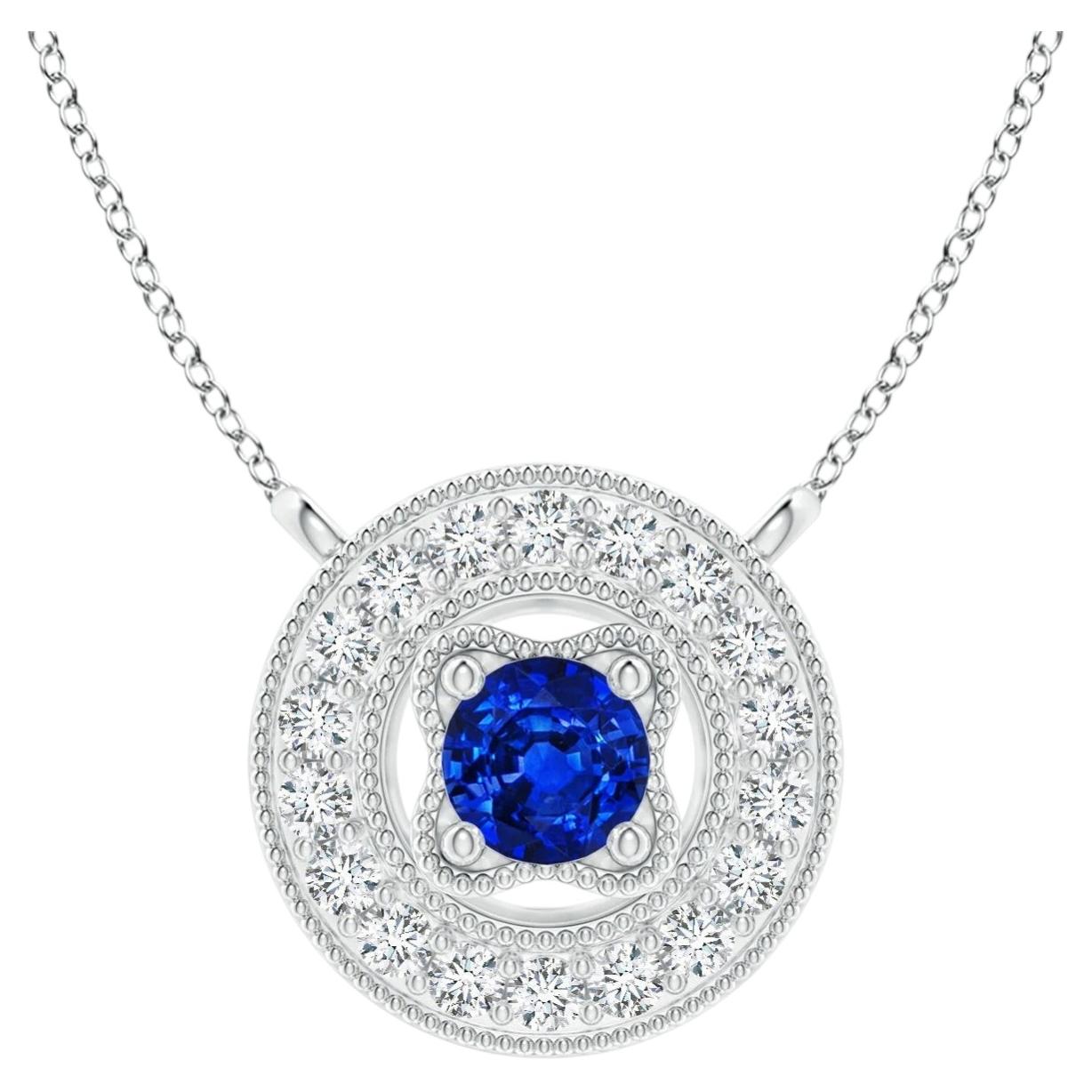 Vintage Style Sapphire Halo Pendant in Silver 0.4 CTW with Milgrain Detailing