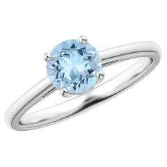 Bague solitaire en or massif 14 carats avec une aigue-marine ronde, pour femme